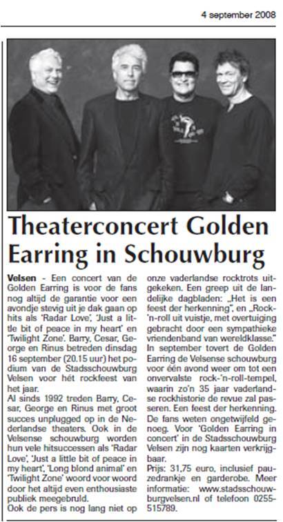 Golden Earring show announcement IJmuiden - Stadsschouwburg Velsen De Jutter newspaper 2008-09-04